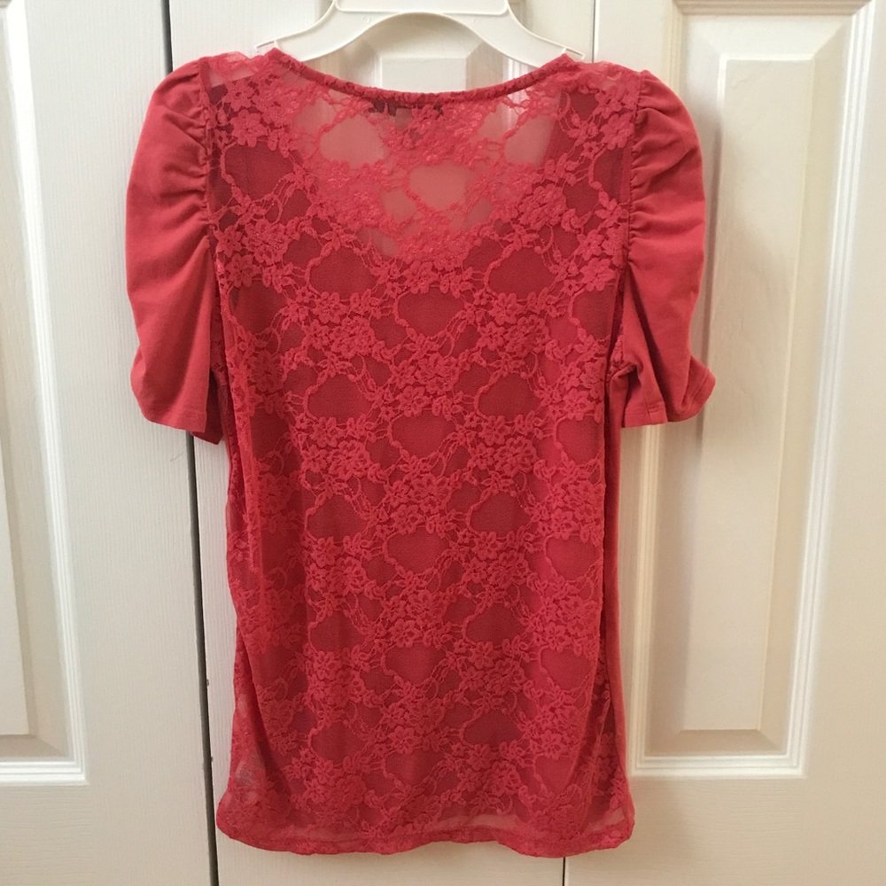 Pink Short Sleeve Shirt with Lace and Ruffled Slee